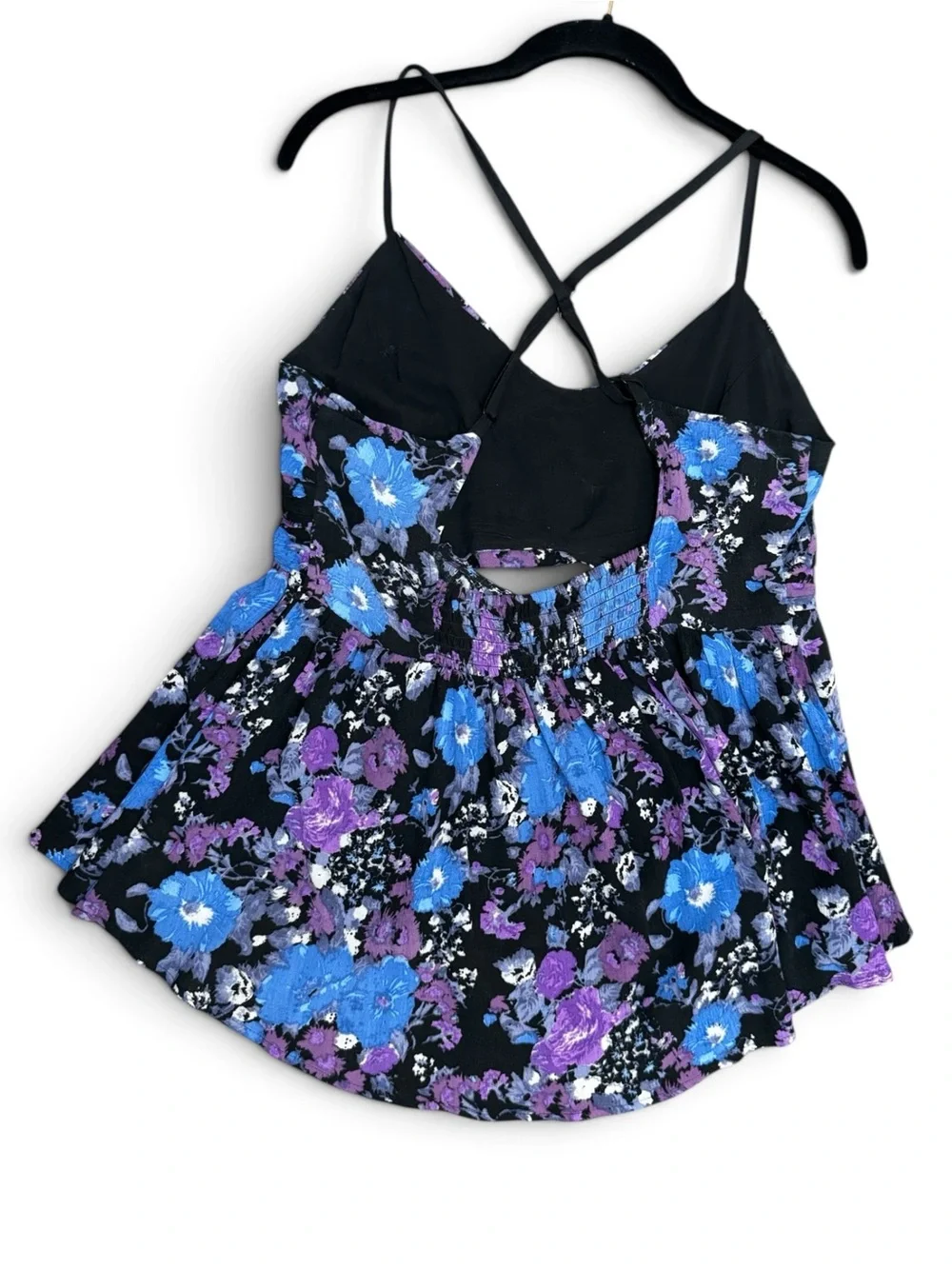 Vintage FREE PEOPLE Floral Midnight  Peplum Cut-Out Crisscross Back Tank Size L